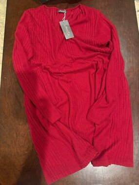Ribbed Long-Sleeve Knit Dress in Red